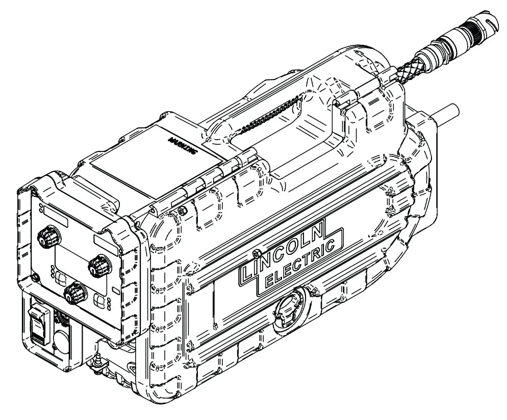 Black-and-white technical drawing of the Lincoln K4119-1 POWER FEED 8, NNS welding machine. The rectangular device features reinforced edges, sockets and controls on one end, a top handle, and a cable extending from the other end.
