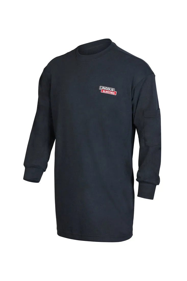 The Lincoln K5267-XL Arc Rated FR Welding T-Shirt, size XL, is a black, long-sleeve FR shirt with ribbed cuffs, a left chest Lincoln Electric logo, sleeve pocket, and is shown on a white background.