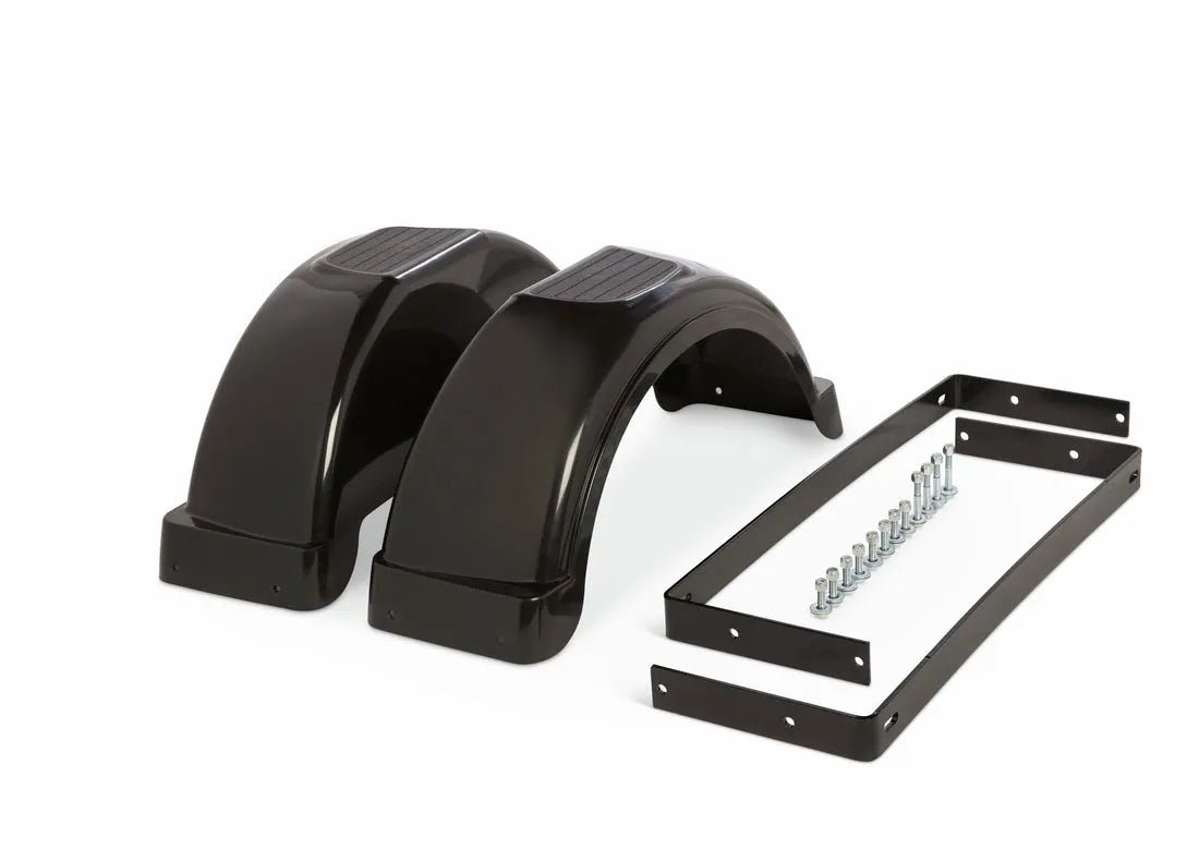 The Lincoln K5276-1 TRAILER FRONT FENDER KIT includes two black plastic fenders with textured tops, two rectangular metal mounting brackets, and a set of bolts and nuts—perfect for your trailer’s front fender replacement needs.