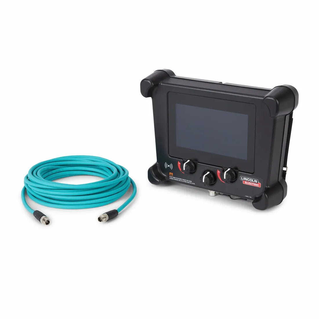 The Lincoln K5425-1 AUTOMATION INTERFACE PENDANT, a black control panel with a large screen, three knobs, and side buttons, is shown next to a coiled teal cable—ideal for Lincoln Electric robotic welding systems.