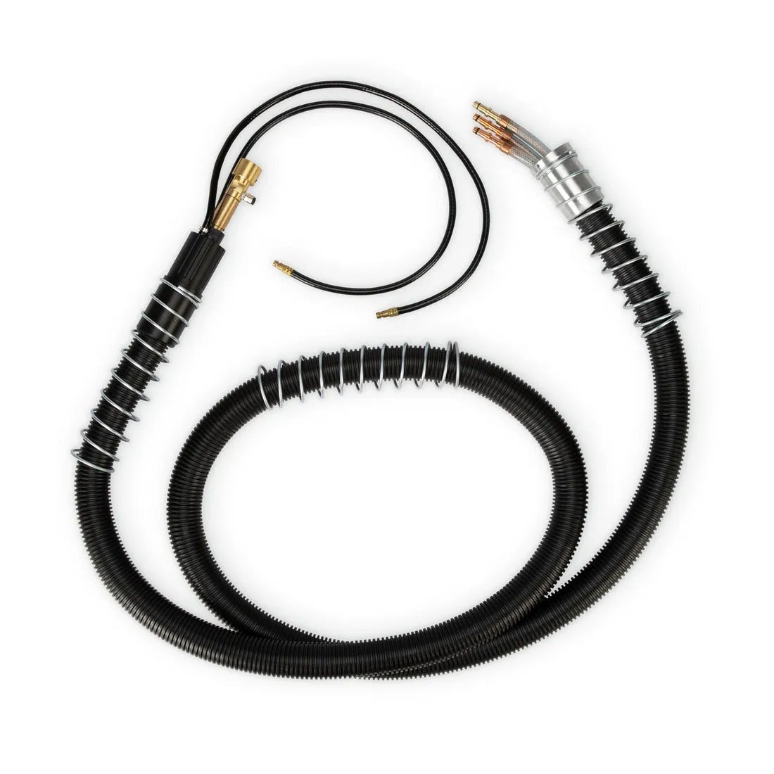 A Lincoln KP5385-13 WC Torch Cable Bundle, 13ft, black and coiled with a metal connector and exposed copper wires on one end and a brass fitting with a smaller black wire on the other, is shown against a white background.