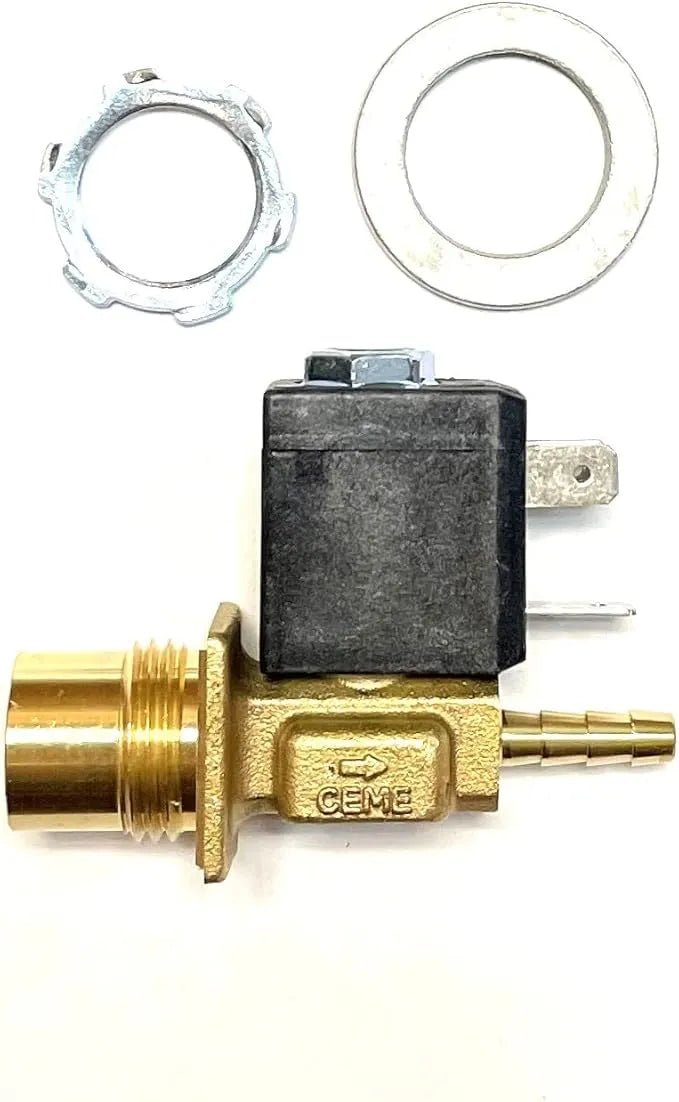 Lincoln OEM solenoid valve assembly with a black coil, metal washer, and locking ring; the valve has a threaded end and a barbed hose connector. Compatible with Power Wave 300C systems.