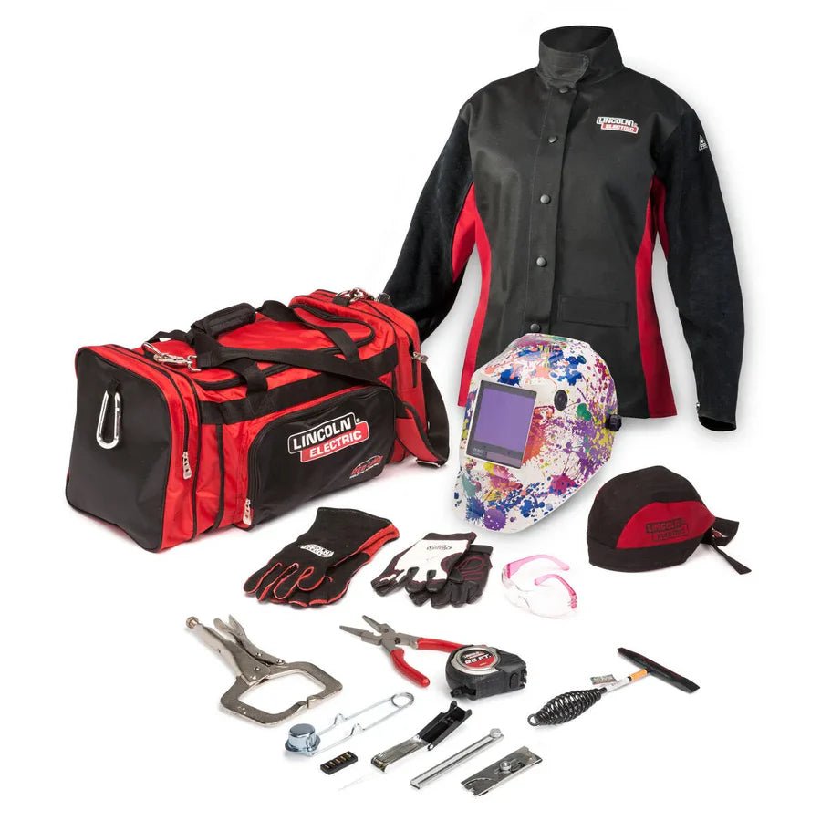 Lincoln Women's Welding Gear Ready-Pak Medium K3238-M, black/red jacket, floral helmet, gloves, tools, Lincoln tool bag.
