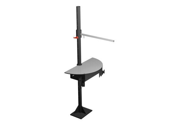 Lincoln welding workstation K5248-5 with adjustable post, half-round table, monitor mount, and sturdy base—ideal for welders.
