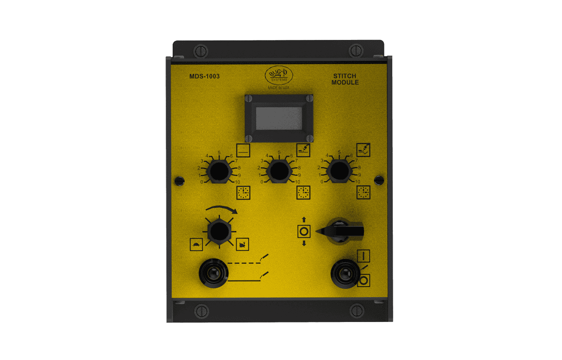 Bug-O STITCH MODULE MDS-1003 welding control panel, yellow/black, 4 knobs, display, direction & speed buttons for precise adjustments.
