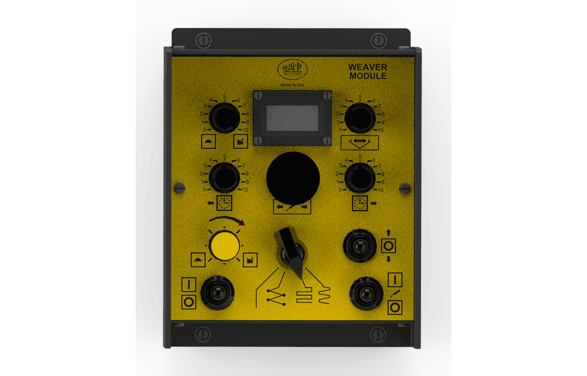 Bug-O WEAVER CONTROL MODULE MDS-1005, yellow welding control box with black knobs, switches, ports, and central digital display.