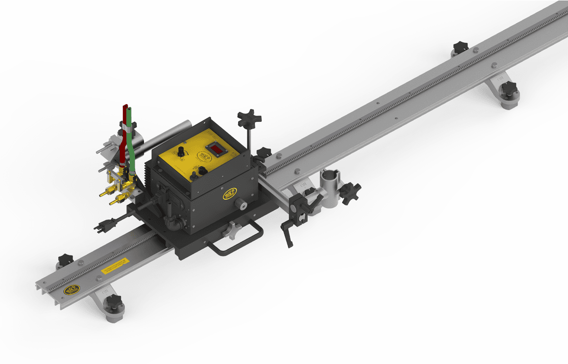 Bug-O MDS-4150 Straightline Oxy-Fuel Cutter, portable automatic gas cutting tool with yellow-black controls on metal track.