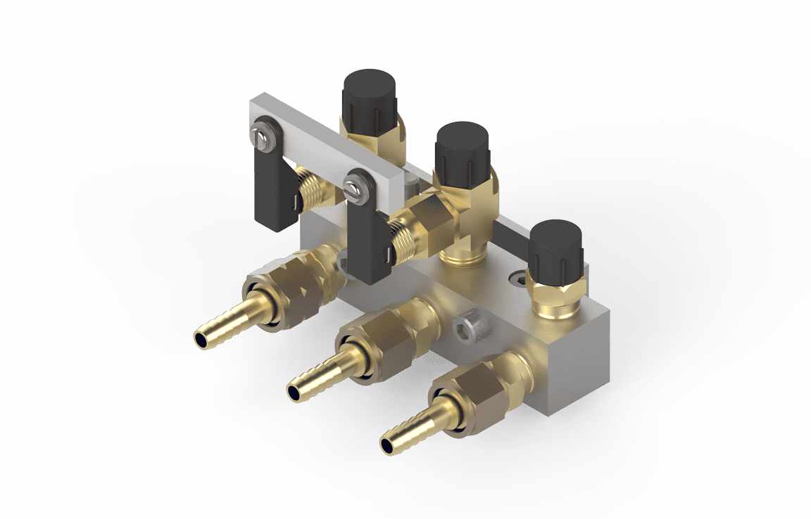 Bug-O 3 Hose Q.A. Manifold MDS-9898 for welding, with 3 brass connectors, black knobs, and silver bracket on white background.