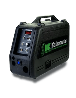 The MK Products Cobramatic Pro Series Wire Feeder - 150-008 is a black, portable unit for professional welding, featuring a top handle, control switches, digital display, indicator lights, and green and white side branding.