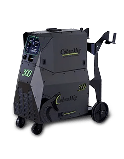The MK Products Cobramig 300 Digital Power Supply & Feeder - 187-001 is a black, angular welding machine with control panel, display, vents, rear wheels, green/yellow text, and Push-Pull Technology—ideal for aluminum welding.