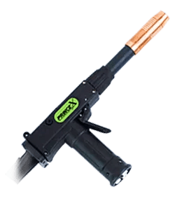 MK Prince X 14-Pin Digital Air-Cooled Push-Pull Welding Gun, 50ft, pistol grip, copper nozzle, shown on white background.
