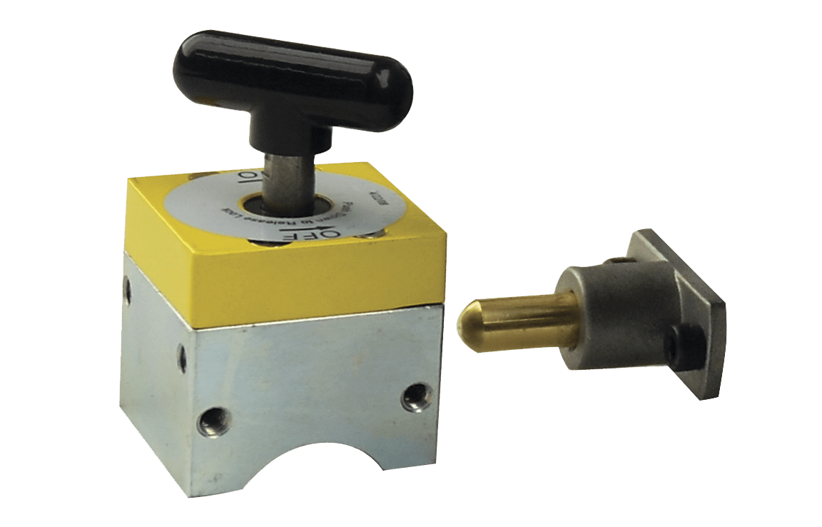 Bug-O MAGSQUARE 165 MSQ-165 welding magnetic switch with black T-handle and yellow base, with brass connector, on white background.