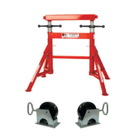 Mathey B&B Height Adjustable Four Leg Pipe Roller (4380) and two black pipe rollers—essential welding tools on white background.