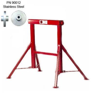 Mathey B&B Adjustable Roller Head Pipe Stand 4315 for welding, red steel frame, stainless wheels, angled legs, adjustable head.