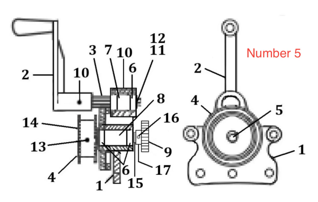 Technical diagram of a mechanical device with labeled parts. Gears, levers, and a handle are shown on the left. The right side highlights the heavy-duty component Crank Gear 8SA in red among circular and linear components.