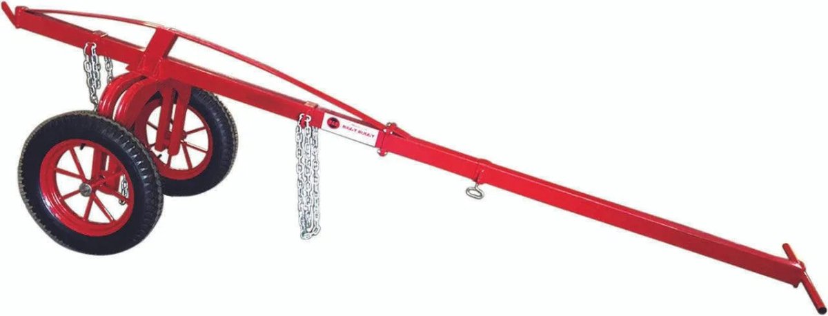 The Mathey Dearman B&B Biggy Buggy 24 Pipe Transport Cart (2014) features a red metal frame, two large black rubber wheels with red spokes, chains for securing loads, and a long handle with loop for easy towing. 2,000 lbs. capacity.