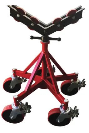 Mathey Dearman B&B Giant Jack 3514 stainless steel pipe support stand with V-top, caster wheels—welding tool for pipes.
