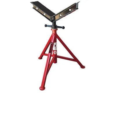 Mathey Dearman B&B Giant Jack 3501—heavy-duty red welding pipe stand, 3 legs, V-top, supports 33"-44" pipe assembly.