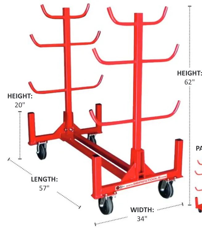 The Mathey Dearman B&B Stacker Cart 2033-4E is a red metal conduit stacker with two vertical posts, each with four curved arms per side. It measures 62H x 57L x 34W and has black caster wheels for mobility. Capacity: 1,000 lbs., no floor.