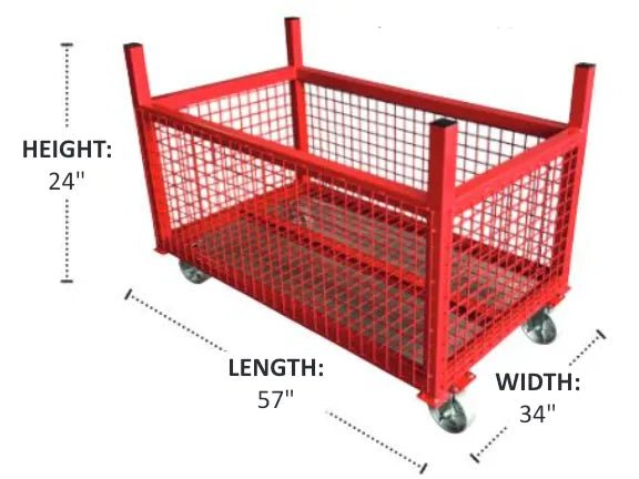 A red Mathey Dearman B&B Crate Stacker Cart (2034-4) with mesh sides, four posts, and four swivel casters. Measures 24H x 57L x 34W with a 1,500 lbs. capacity. The empty cart is shown on a white background.