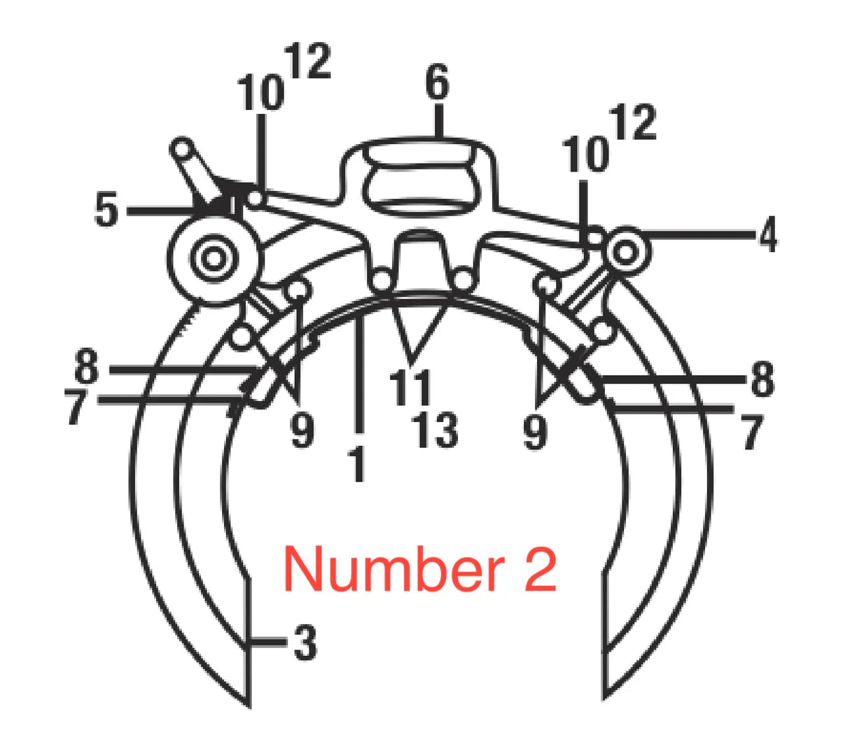 Line drawing of a mechanical claw or gripper, with labeled parts numbered 1 to 13. Below the claw, “Number 2” is displayed in large red font. Inspired by the Mathey Dearman Cap Ring for pipe protection and secure welding cap ring placement.