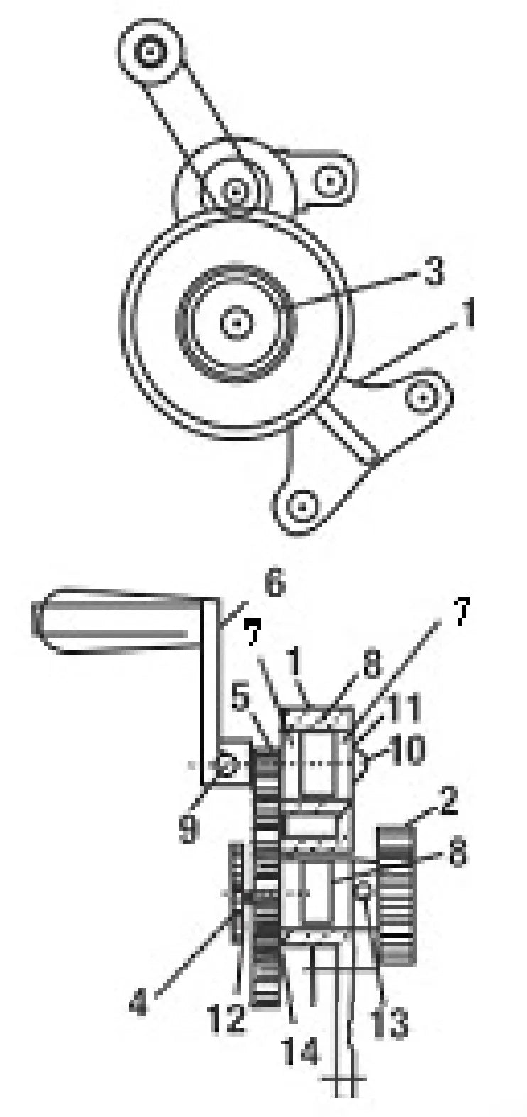 Technical drawing showing a Mathey Dearman Crank Gear assembly with gears, a handle, and mounting brackets, labeled with numbers identifying components of the pipe cutting machine in both top and side views.
