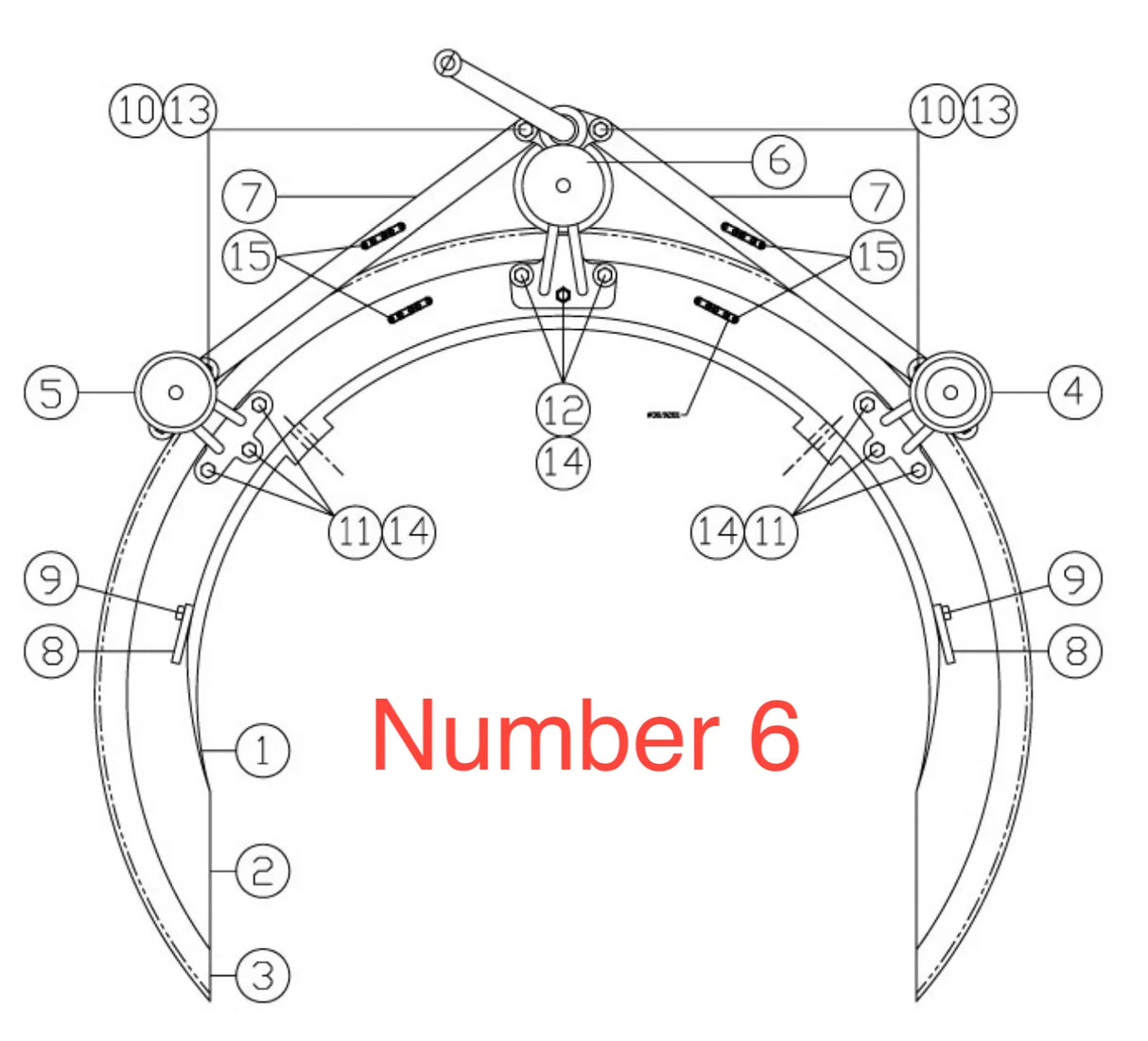 Technical drawing of a Mathey Dearman Double Bearing Bracket Assembly mechanical grab, featuring two curved arms and labeled components. The phrase Number 6 is prominently displayed in large red text across the center.