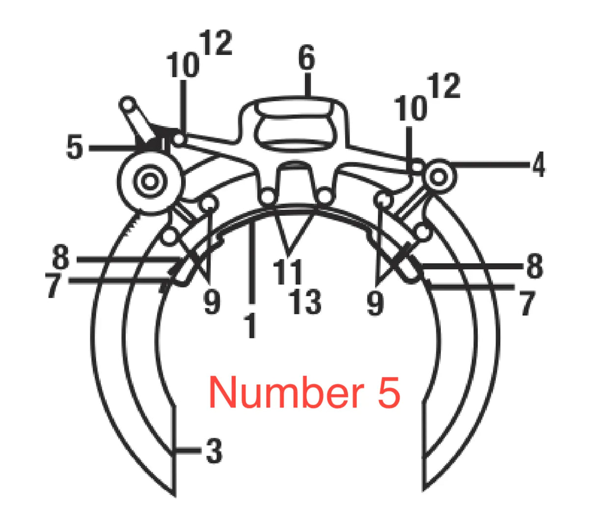 Diagram of a mechanical claw with numbered parts; “Number 5” is written in red over the left gripping arm. The components, commonly used in industrial systems like Mathey Dearman’s double bearing bracket assembly, are labeled 1 to 13.