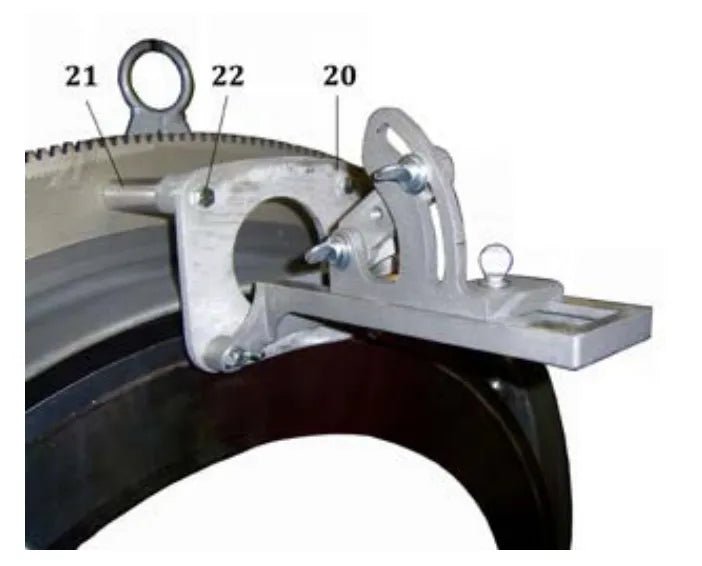 Mathey Dearman Extension Plate 03.0106.008 on pipe cutting tool, labeled parts 20-22, welding accessory from WeldingMart.