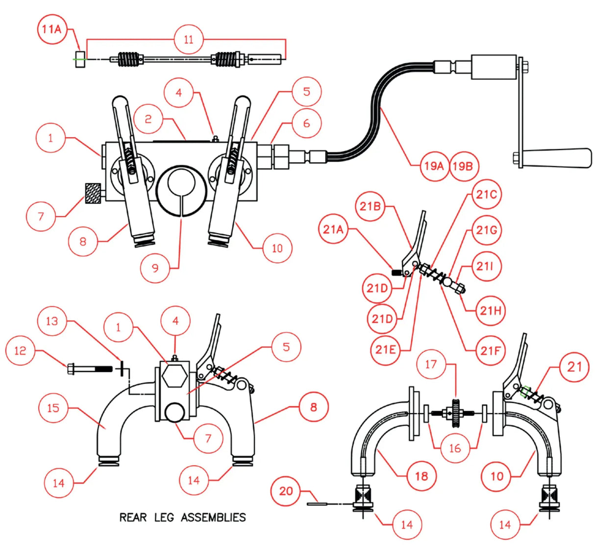 Technical diagram of rear leg assemblies, including Mathey Dearman flanged leg parts. Components such as levers, bolts, and cables are labeled and numbered, with lines connecting each part for easy identification and assembly.