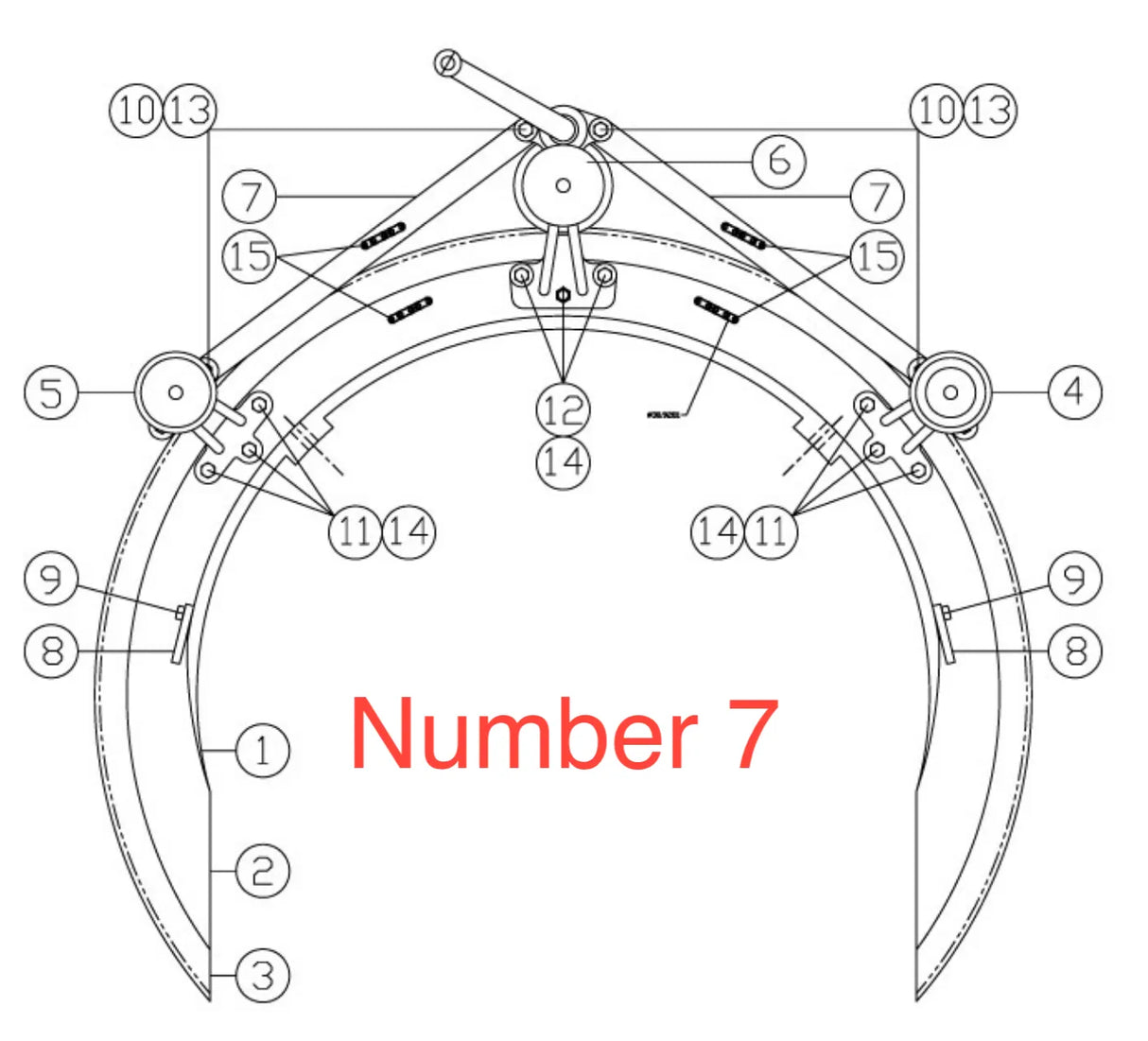 Technical drawing of a mechanical grapple for pipe handling with labeled parts. The number 7 is highlighted in large red text near the center-bottom. Various mechanical joints, levers, and the Mathey Dearman Handle and Tie Rod are numerically marked.