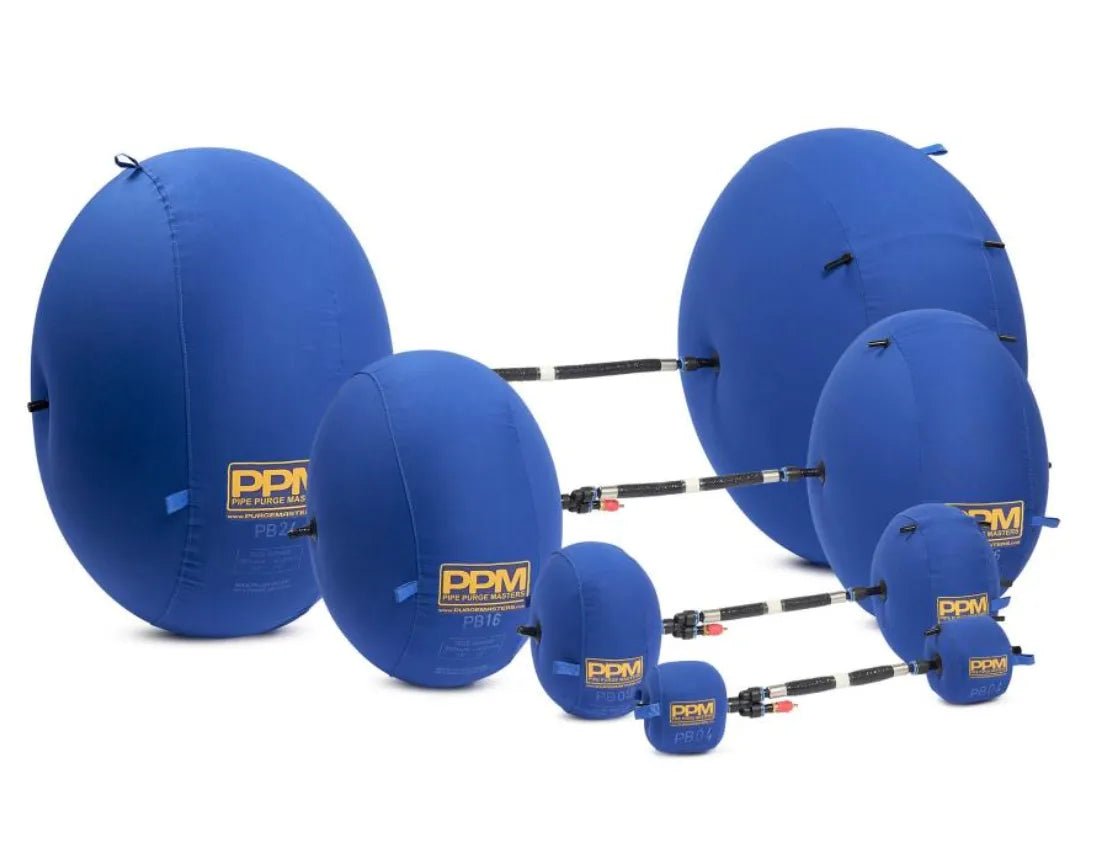 The Mathey Dearman Inflatable Double Purge Bag System 230-265mm 10 (PB10), shown in various sizes with PPM branding, features blue plugs connected by black hoses with red and silver fittings, all displayed on a white background.