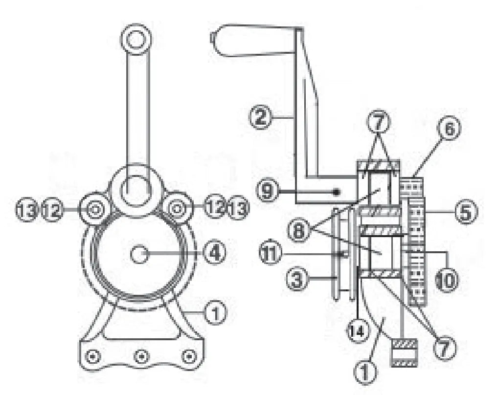 Technical line drawing of a mechanical assembly, showing a front and side view with numbered components, including gears, levers, and a Mathey Dearman pinion crank for 3SA 4SA beveling pipe cutting machines.