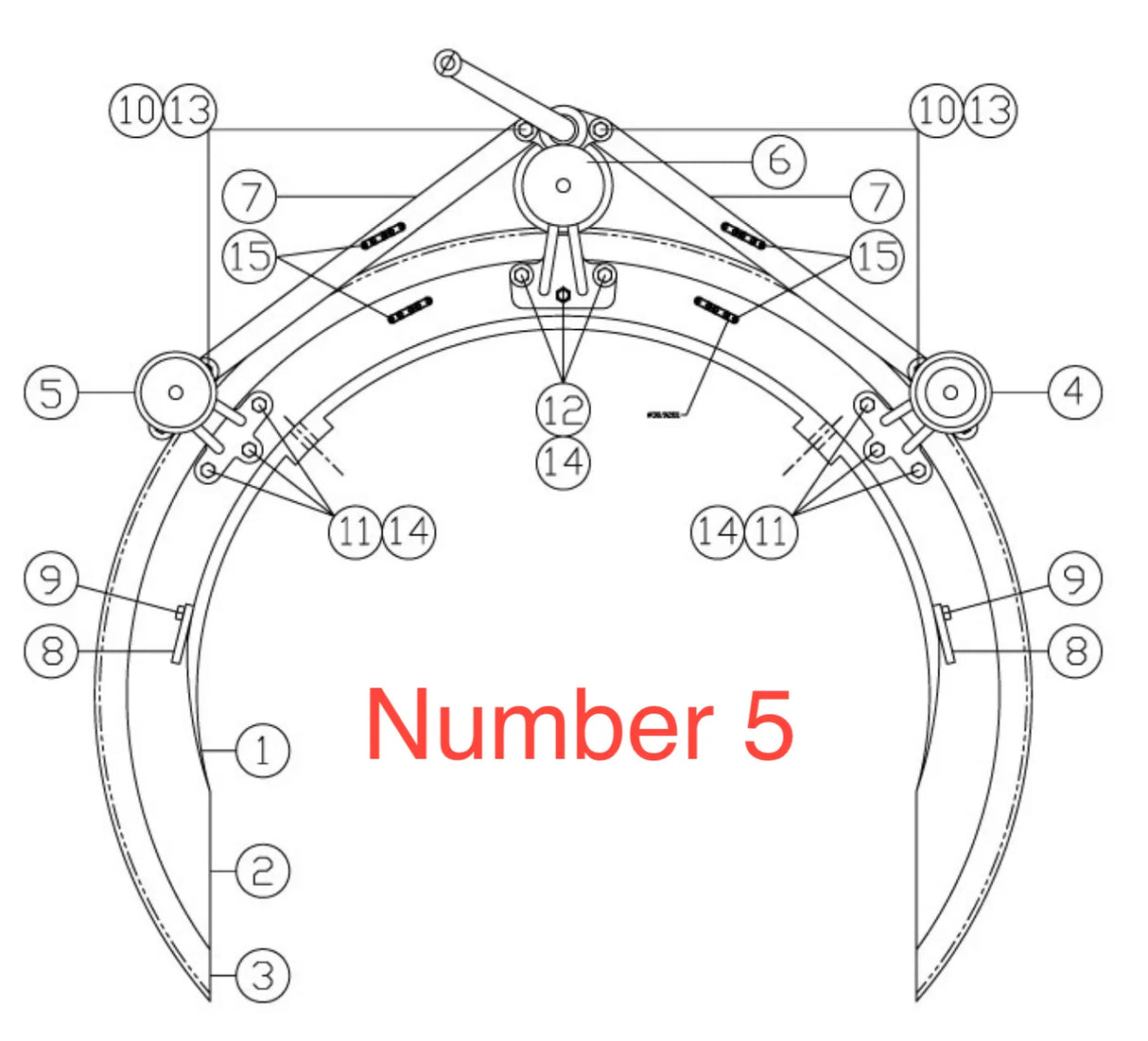 Technical drawing of a mechanical claw or grabber featuring numbered parts; Number 5, identified as a heavy-duty bearing bracket, is highlighted in large red text at the center of the image.