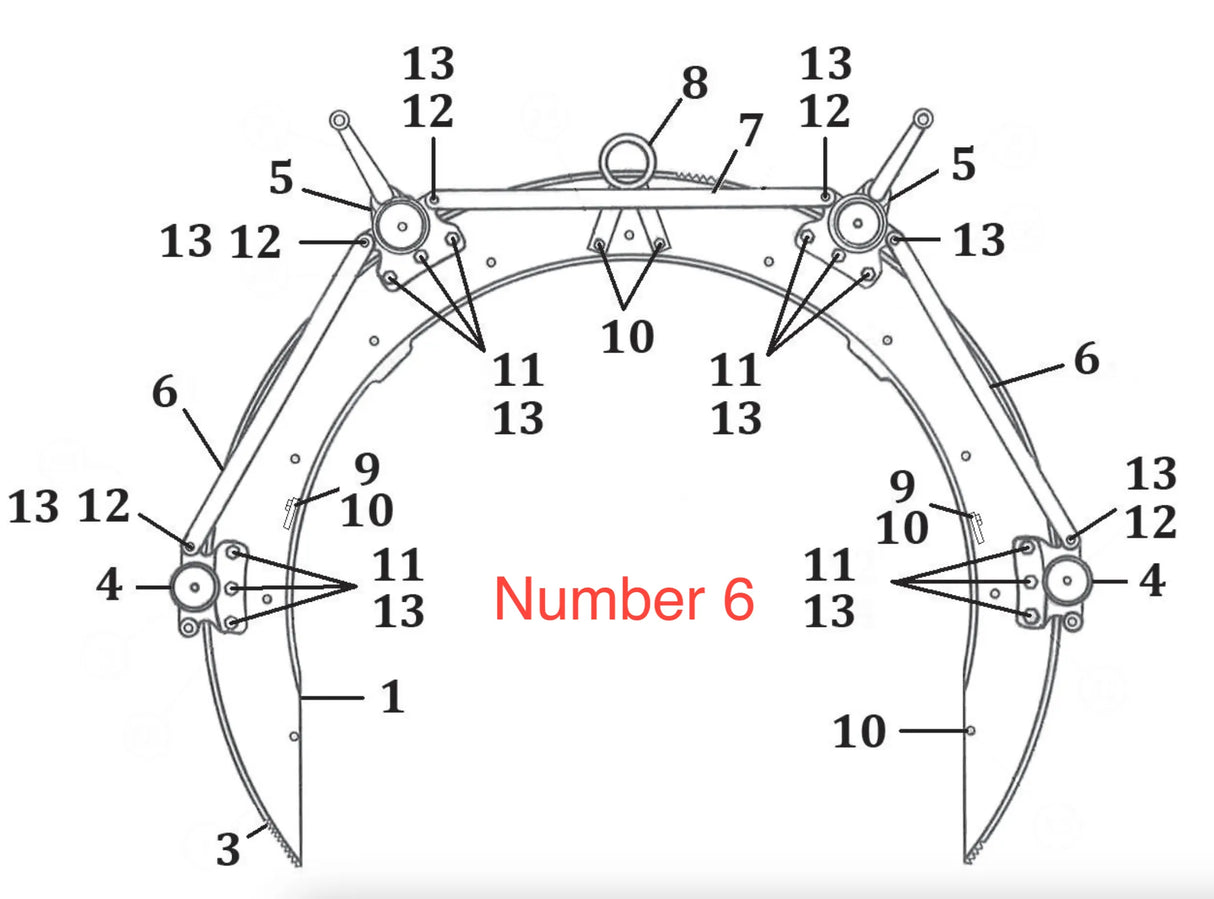 Technical drawing of a curved mechanical claw for pipe handling with numbered parts. Large red text labels part number 6 at the lower center. Multiple bolts and connector points, ideal for industrial welding setups, are marked as 12 and 13.