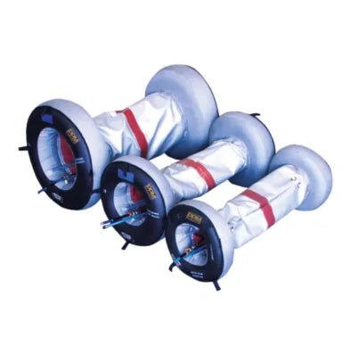 The image displays three Mathey PPM Heat 48 Resistant Rapid Purge System - RP48/HR inflatable pipe plugs, featuring cylindrical silver bodies, black end rings, and yellow tags—ideal for post-weld heat treatment or rapid purging.