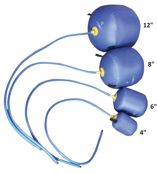 Four Mathey PPM Inflatable Stoppers with Schrader valves (18 size, IPS18) are lined up on a white background, each featuring a blue inflation hose—perfect for efficient pipeline maintenance.