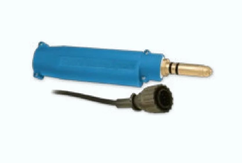 The MK Products Control Cable 10PIN-MOLEX 50FT Miller Compatible (005-0405-50) features a blue electronic sensor with a cylindrical gold tip and a black cable ending in a round, 10-pin Molex connector, shown on a plain white background.