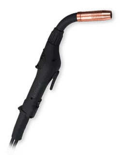 A black MIG welding torch with a curved handle and a copper nozzle at the tip, Lincoln compatible for various welding applications, set against a transparent background.