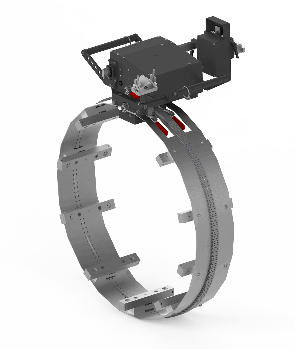 Bug-O PIPER-PLUS 120VAC welding clamp with levers and adjustable brackets for precise mechanized pipe welding applications.