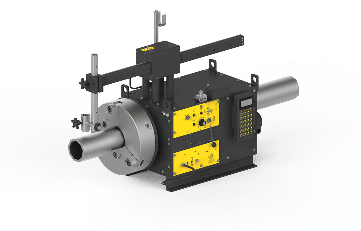 Bug-O SE-2PTD PLASMA 240V pipe cutting machine for welding, metal frame, yellow panels, digital keypad, pipe holder, WeldingMart.