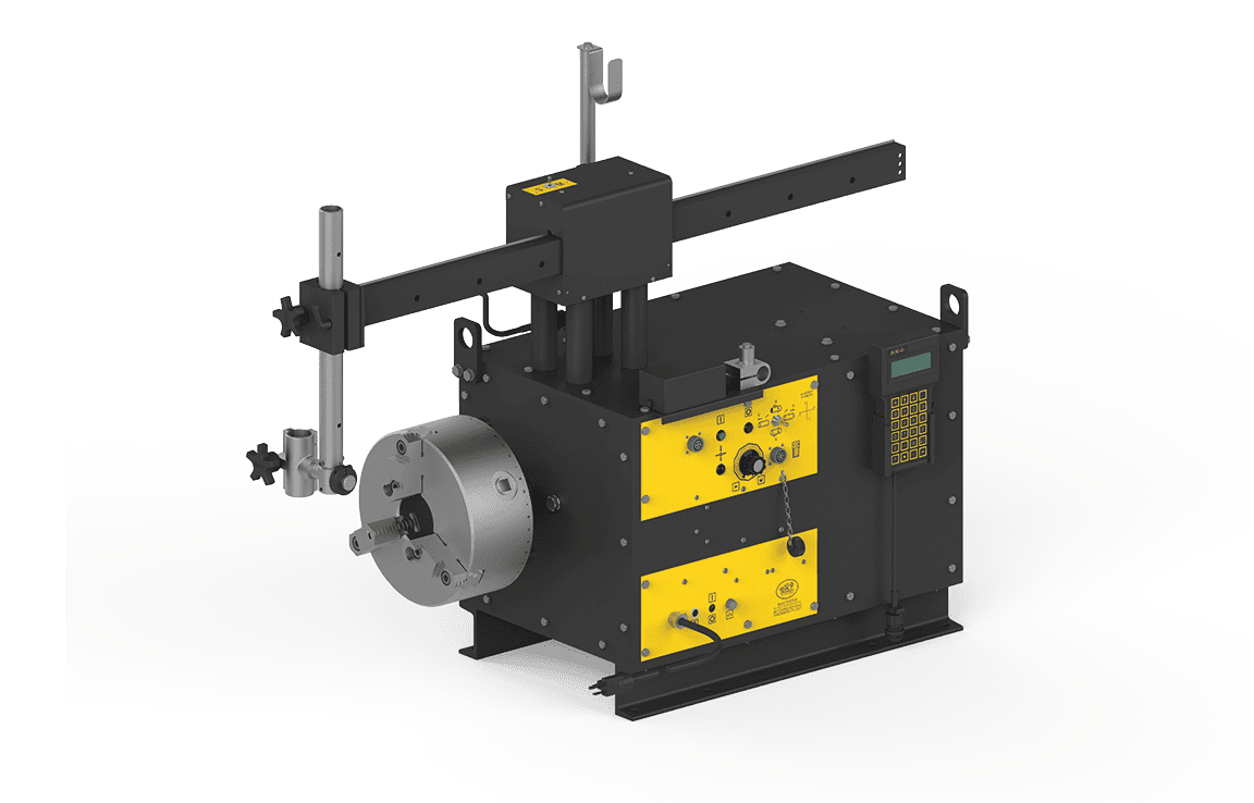 Bug-O SE-4PD PLASMA 220 VAC welding tool with black/yellow body, controls, rotating metal, adjustable arms on white background.