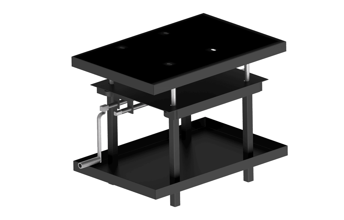 Bug-O MECHANICAL ELEVATING TABLE SEO-5486 for welding, features hand crank, sturdy black frame, plate, rods, and lower tray.
