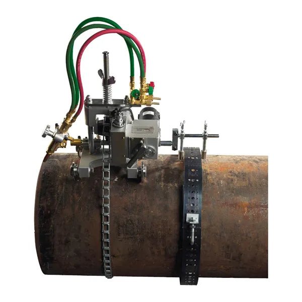 Mathey E-Z Pipecut Flame Cutter Manual with hoses, chain, and guide track mounted on a large pipe—welding tool at WeldingMart.