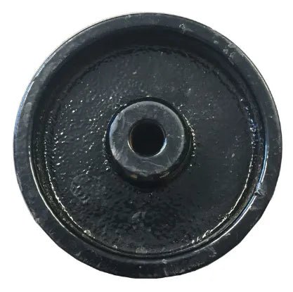 Mathey Dearman B&B Steel Wheel 90010, black metal weight plate for welding pipe alignment systems, central hole, top view.