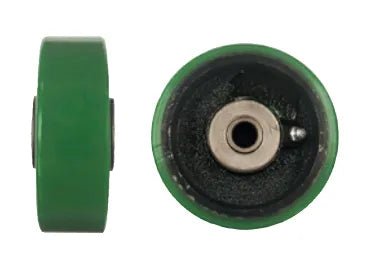 Mathey Dearman 4"x1.5" Poly over Steel Wheel (90023) for welding, pipe alignment; side and front view with metal bearing.