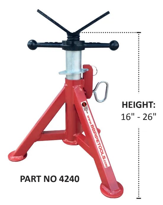 Mathey Dearman red adjustable pipe stand, 16–26 in. range, tripod base, V-top—welding pipe support, PART NO 4240.