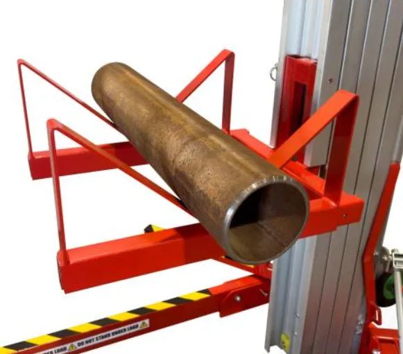 A metal pipe rests on a red Mathey Dearman B&B Mega Lifts Lift - 24 High (650 lbs Max Load) - ML-24 with angled supports, ideal for holding and moving cylindrical objects. The background is white.