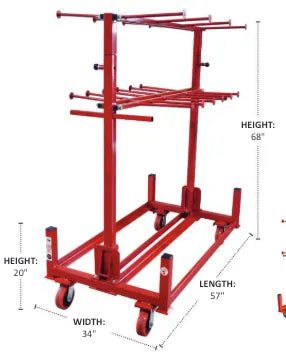 The Mathey Dearman B&B Hanger Stacker Cart (2036-4F) features 4 wheels, multiple horizontal bars, a lower section height of 20, and holds up to 1,000 lbs. Size: 68H x 57L x 34W. Measurements shown in image.