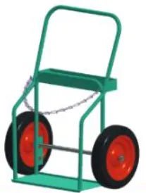 The Mathey Dearman B&B Bottle Cart (Medium, No Wall) features a handle, a securing chain, and flat-free 16 black-and-red wheels—ideal for transporting gas bottles and welding accessories. Model: BCM-C16FF.